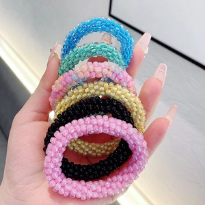 Set of 6 colorful crystal beaded hair ties in candy colors for women and girls