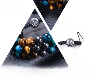 Close-up of 8mm tiger eye beads and metal clasp on braided adjustable bracelet