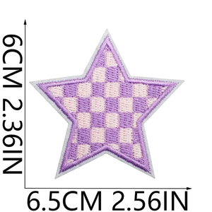 Detail view of purple and pink checkered star embroidery patch with precise measurements