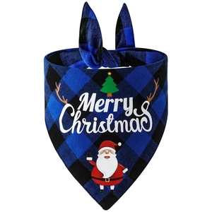 Christmas dog bandana with blue plaid pattern and Santa Claus design for small large pets