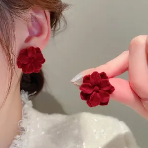 Red Velvet Flower Stud Earrings With 925 Sterling Silver Earring Post French Vintage Floral Jewelry For Women