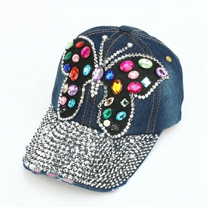 Casquette De Baseball Papillon Strass Denim Coton Distressed Bling Chapeau De Soleil Pour Femmes Mode Streetwear