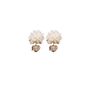 Elegant white acrylic flower earrings with sparkling heart crystal drops on gold studs