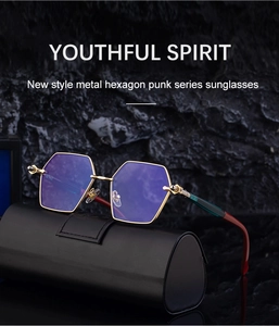 Detail of polygonal gold metal sunglasses with purple gradient lenses on leather case