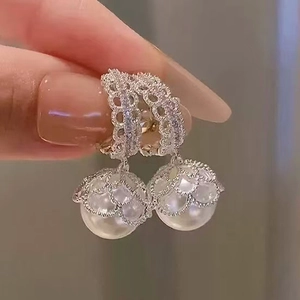 Vintage Elegant Faux Artificial Pearl Drop Earrings With Zircon Hollow Lace Gold Plated Copper Hoop Jewelry For Women
