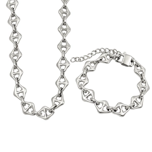 Silver geometric link chain jewelry set with necklace and bracelet in a sleek metal finish