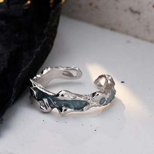 925 Sterling Silver Open Ring Irregular Texture Lava Style Light Blue Enamel Adjustable Ring For Women Liquid Metal Jewelry