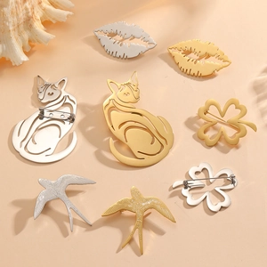Minimalist Titanium Steel Brooch Pin Hollow Animal Cat Bird Flower Lips Shape Suit Accessory For Women Men