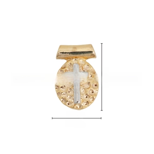Detail of 13.5mm religious oval pendant with hammered 18k gold finish and silver cross