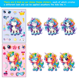 Detail of 6-pack DIY unicorn mix and match stickers with cartoon facial features