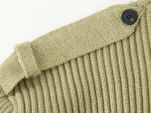 Detailed macro view of green knit cardigan featuring ribbed texture and black button