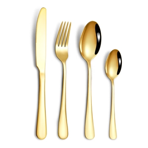 24-piece golden stainless steel cutlery set with steak knife, fork, and spoons on white