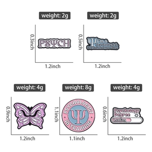 Psychology enamel pin set showing size dimensions and weight for each colorful metal badge