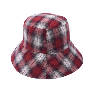 Foldable red and white plaid cotton sun bucket hat with wide brim for outdoor protection