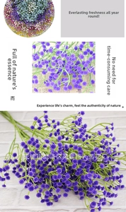 Detailed close-up of artificial purple baby's breath flowers with green plastic stems