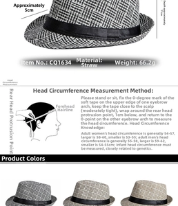 Detailed sizing chart and specifications for the straw sun hat with head circumference guide