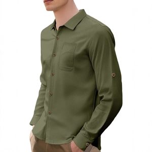 Men's solid color linen long sleeve shirt in army green with chest pocket and buttons