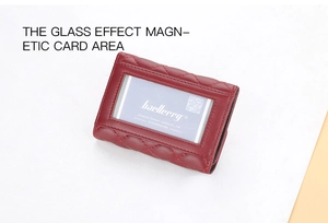Deep red PU leather card holder with quilted texture and transparent ID window display