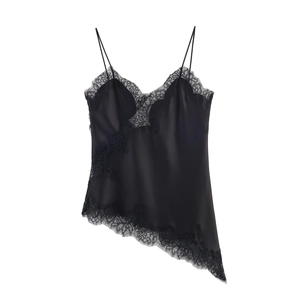 Detailed view of black satin lace camisole with deep V-neck and asymmetric hem design