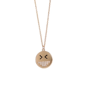 Minimalist gold-plated smile pendant necklace with micro-pave crystals on white background
