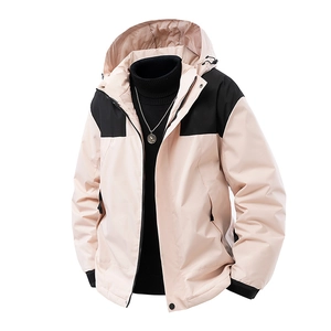 Rosa und schwarz farbblockierte verdickte Windjacke mit Kapuze zum Wandern im Freien