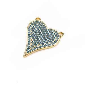 Golden heart pendant with micro-paved blue cubic zirconia and double metal connector rings