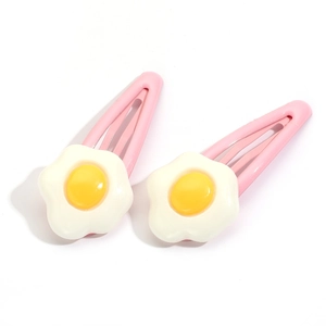 Cute pink metal BB hair clips with resin fried egg design for girls and women