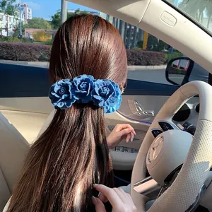 Retro Denim Fabric Rose Flower Hair Clip Banana Shark Claw Blue Handmade Elegant Headpiece For Women