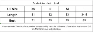 Detailed size chart for halter neck crop top with bust and length measurements in cm