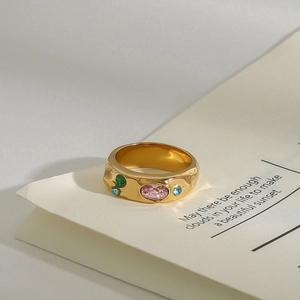 Chunky gold stainless steel ring with colorful zircon stones on hammered finish