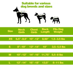 Size guide for striped cotton dog vest showing neck, chest, and back length measurements