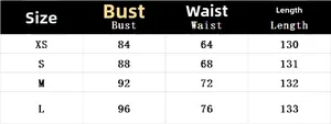 Detailed size chart for evening maxi dress showing bust waist and length in XS to L