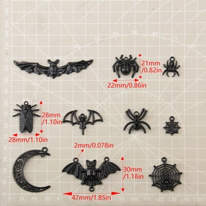 Gothic black alloy pendants set featuring bats spiders and moons for DIY jewelry making