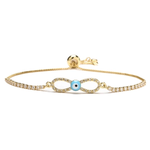 Gold evil eye infinity charm bracelet with adjustable sliding closure and cubic zirconia