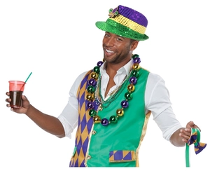 Détail de l'ensemble de fête Mardi Gras avec chapeau à paillettes et colliers