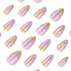 Sparkly purple cat eye almond press-on nails with 3D gold embossed French tip design
