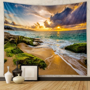 Détail de la tapisserie murale coucher de soleil sur plage avec décor intérieur moderne