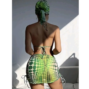 Three-piece green gradient polka dot bikini set with skirt and matching headscarf
