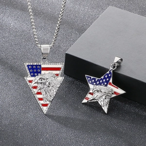 Patriotic US Flag Eagle Head Pendant Necklace Stainless Steel Enamel Star Triangle Hip Hop Punk Jewelry For Men