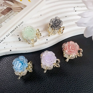 Rose Flower Hair Claw Clip Mini Alloy Metal Resin Glitter Petals Rhinestone Leaf Sweet Elegant Hair Accessory Women