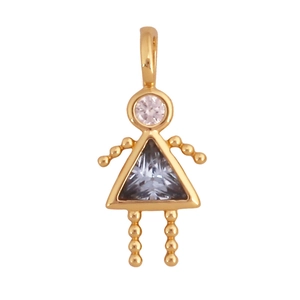 Détail d'un pendentif fille plaqué or serti de cristaux de zircon violets et roses