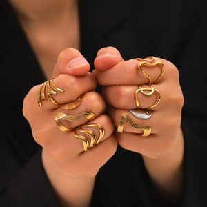 Abstract Geometric Wave Rings Stainless Steel 18K Gold Plated Minimalist Ins Style Fashion Jewelry For Women