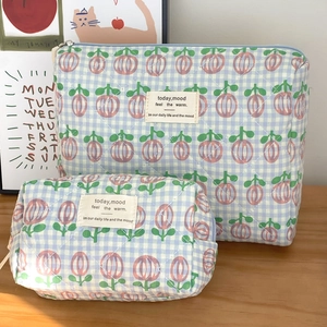 Quilted Cotton Makeup Bag Toiletry Storage Pouch Blue Plaid Tulip Floral Print Portable Travel Cosmetic Case Retro Zipper