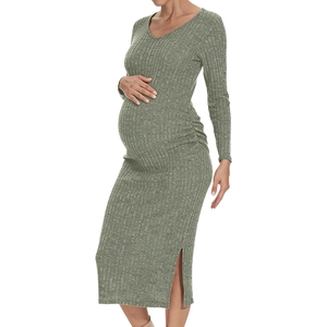 Slim fit V-neck maternity knit midi dress in sage green with side slit and ribbed texture