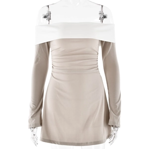 Detail view of khaki bodycon dress with off-shoulder white fold and ruched waist fabric