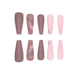Long ballet press-on nails with marble texture, pink matte finish and crystal rhinestones