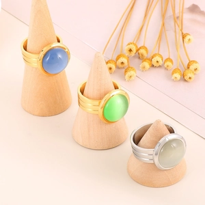 18K gold-plated stainless steel double-layer rings with large round colorful gemstones