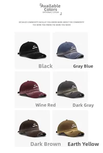 Détail de casquettes de baseball en coton délavé avec broderie 3D lettre D et bordure usée