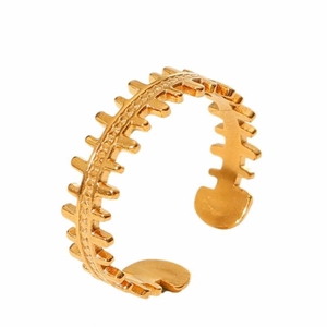 Detail of a 18k gold plated open ring featuring a unique fishbone ridge design