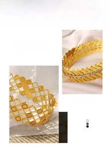 Detail view of gold-plated titanium steel bracelet with hollow geometric and leaf diamond inlay
